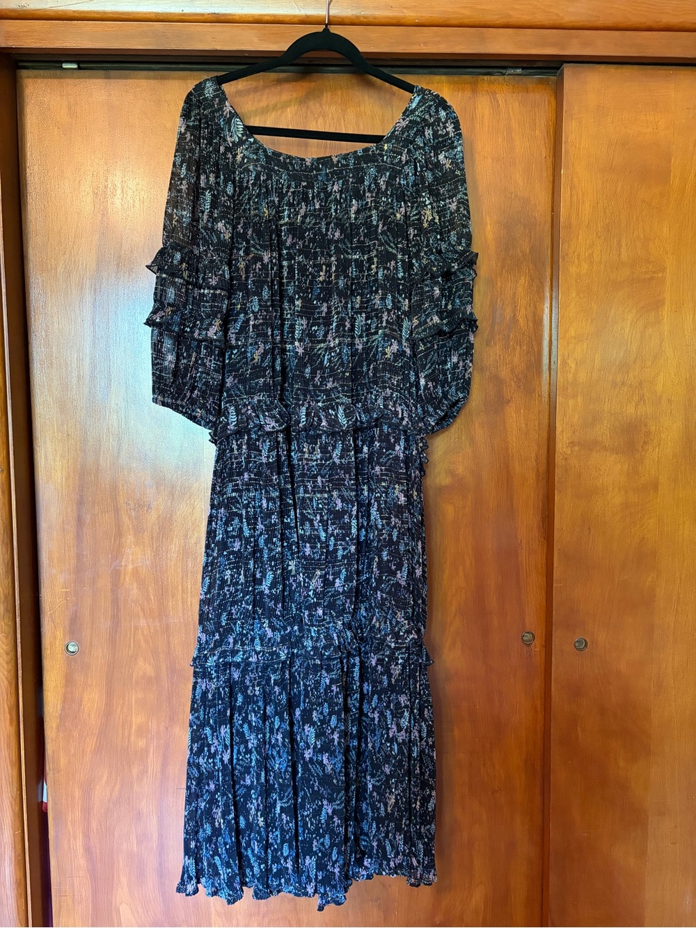 Anthropologie Black Floral Tiered Midi Dress with gold accents